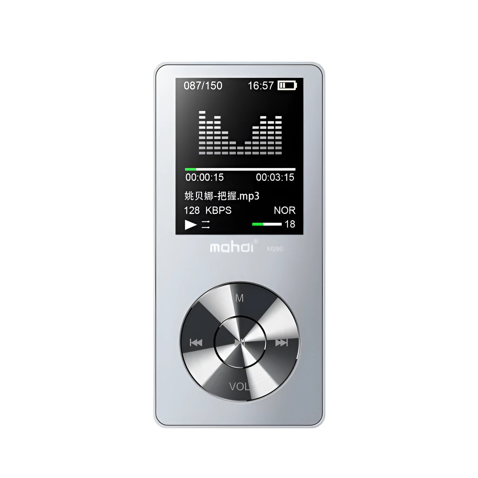 Gold, silver, and black metal-body MP3 music player with a 1.8-inch screen.