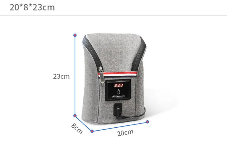 Grey Oxford cloth portable car USB baby bottle warmer showing electronic temperature display and hanging buckle.