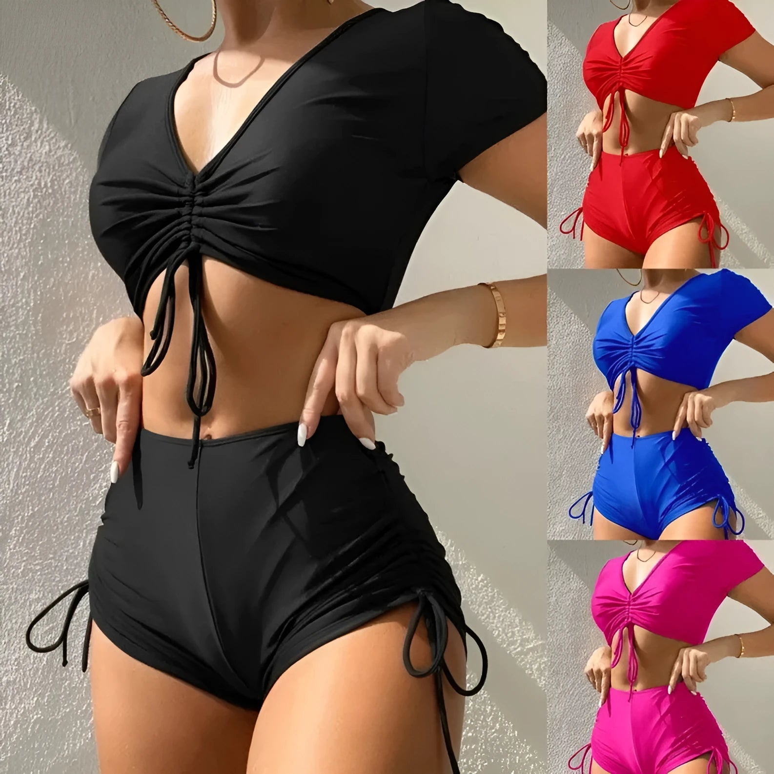 Lady's dark green lace-up bow swimsuit top with matching shorts on a mannequin.