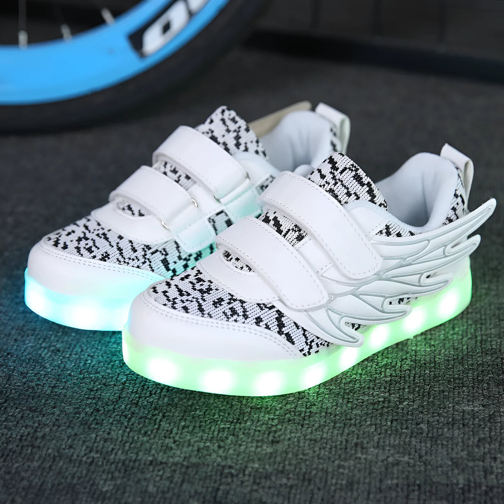 Children's plum red and white LED light-up sneakers with USB charging port