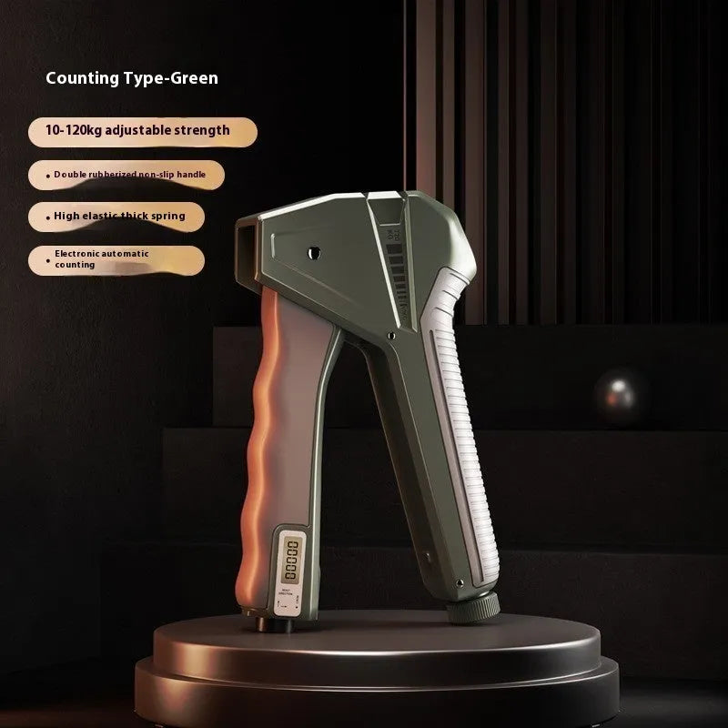 Adjustable hand grip strengthener with mechanical counter shown in orange, set to a mid-level resistance.