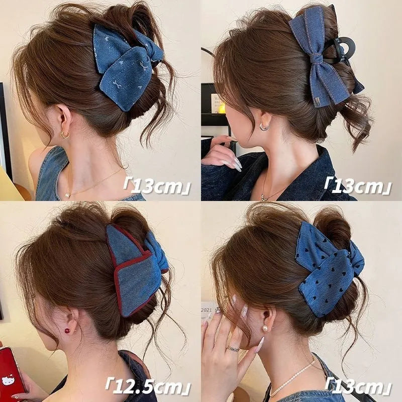 Love Denim Bow handmade triangle hair clip in affordable luxury style, made from fabric and acrylic
