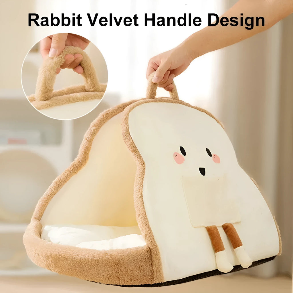 Warm winter cat tent made of felt in green colour, folded and ready for use