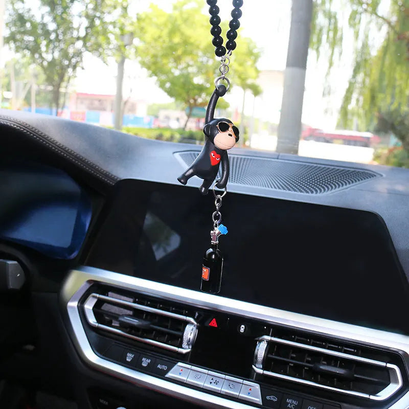 Hip-hop monkey rearview mirror pendant with sunglasses, plastic construction, bead necklace, for car interior decoration