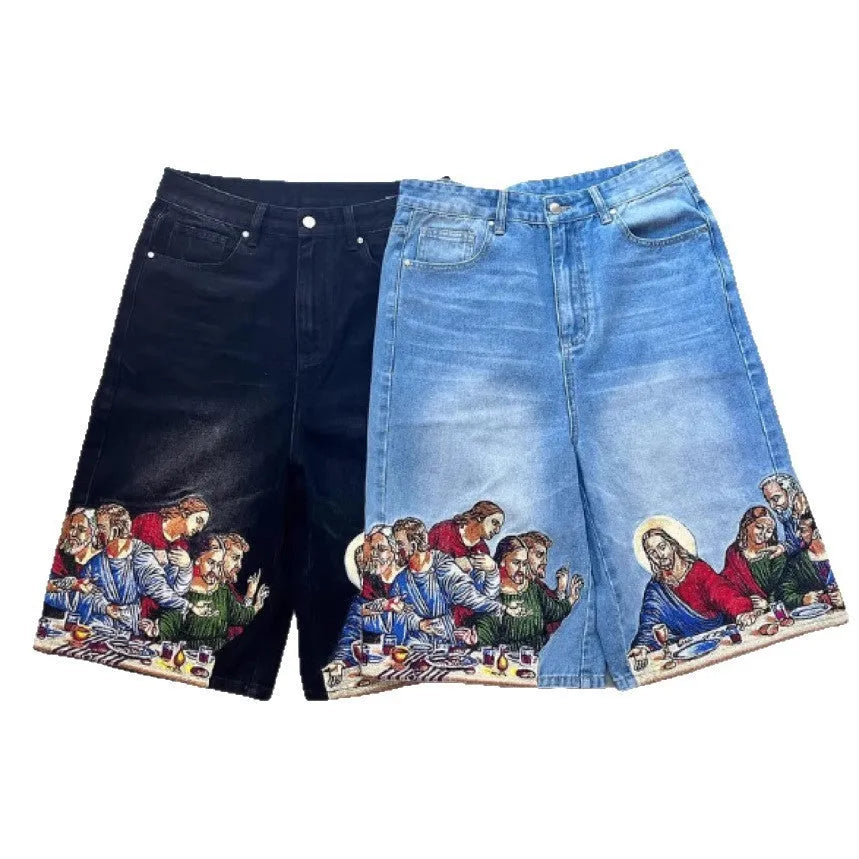 Blue men's cotton shorts with a Jesus design printed on the back pocket.