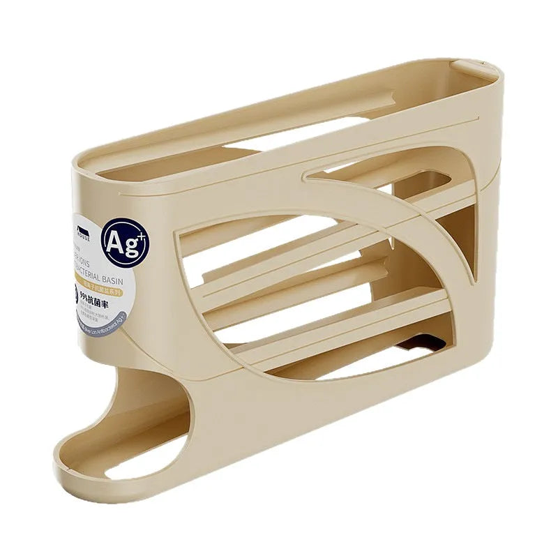 Rolling slide egg storage box for refrigerator, plastic 4 layer, beige colour