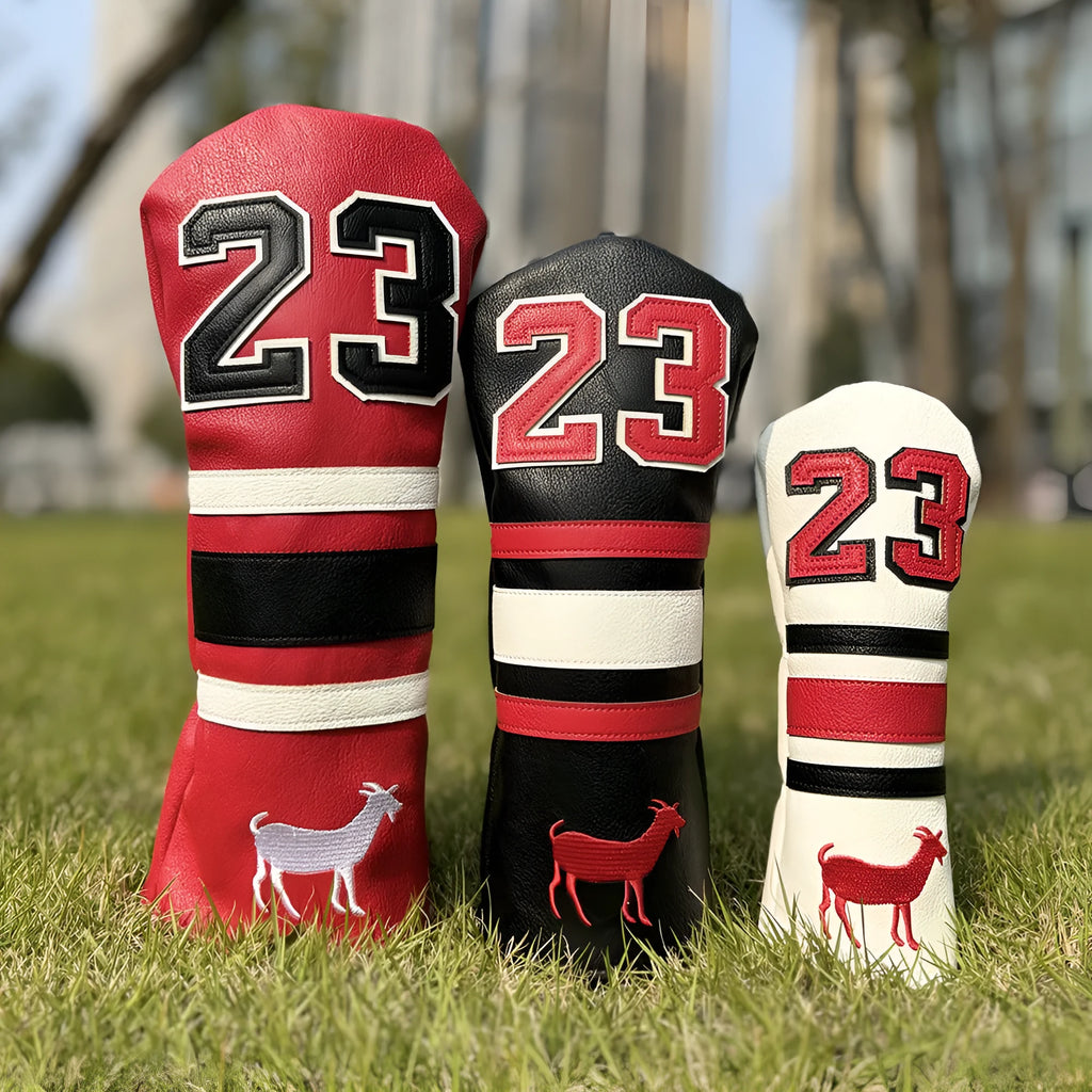 RAM golf club head cover set with four PU sleeves in yellow for woods and a putter.