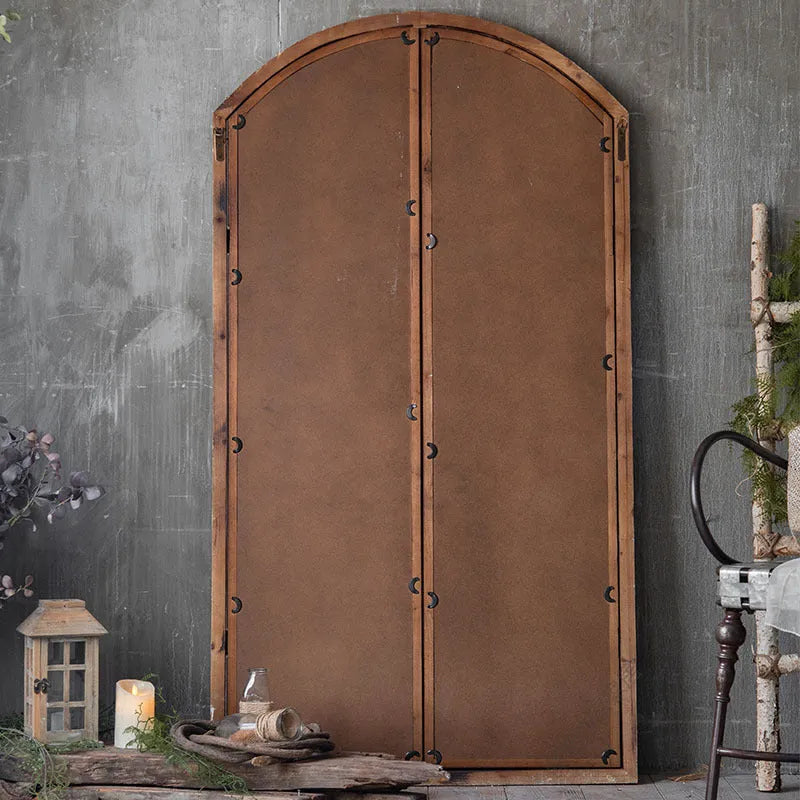 Terrace distressed fake window style wall mirror with wooden frame and glass, log colour finish, A316 design.