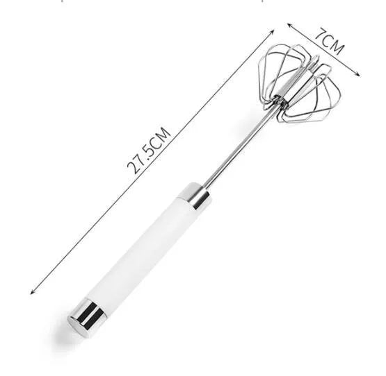 Semi-automatic stainless steel egg beater whisk with hand pressure rotating handle, silvery colour, on white background