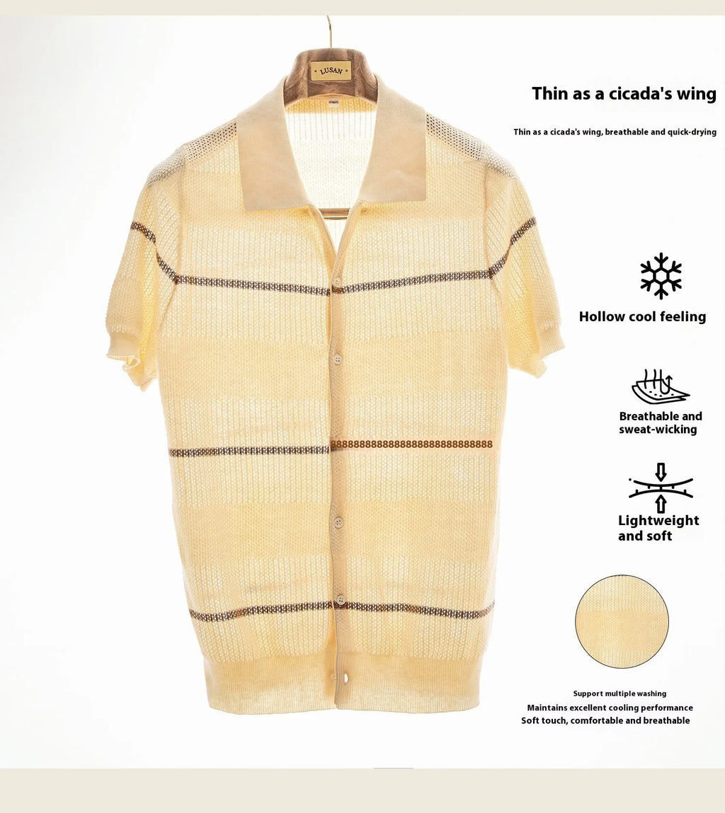 Lapel casual fashion cotton linen short sleeve knitted cardigan in camel and gray sizes M to 3XL