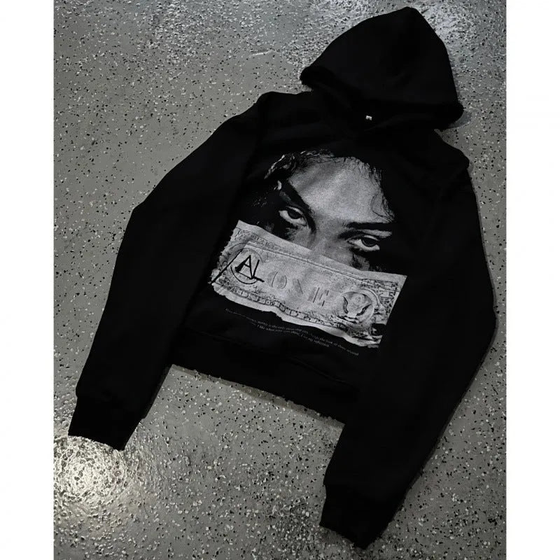 Women's loose fit black polyester hoodie with personalised dark printed design