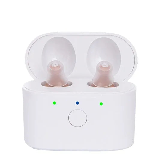 Rechargeable hearing aids with magnetic charging case in beige, red and blue