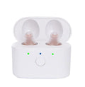 Rechargeable hearing aids with magnetic charging case in beige, red and blue