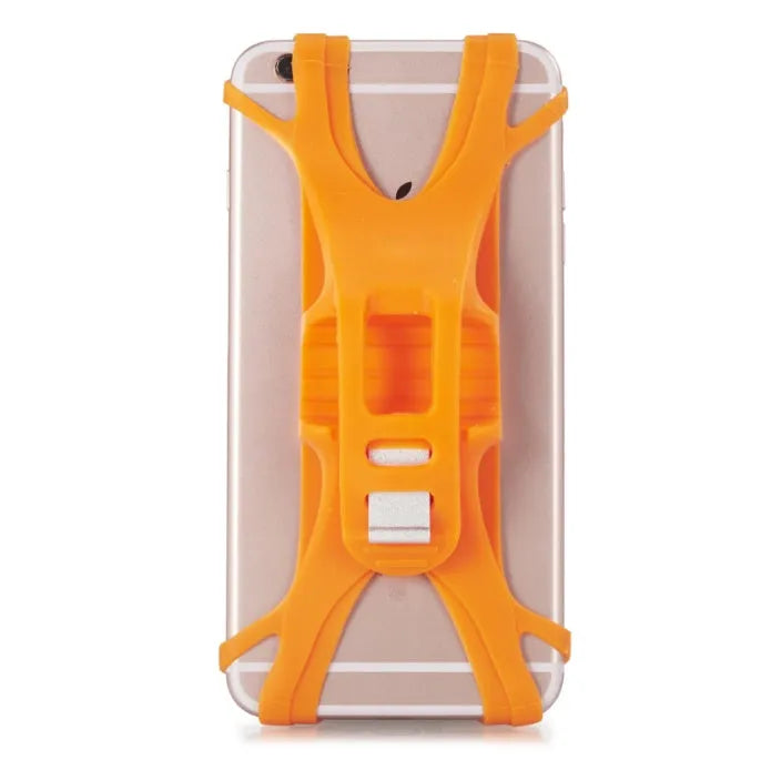 Bicycle phone holder with tough silicone strap and pull buckle, on handlebar, in black