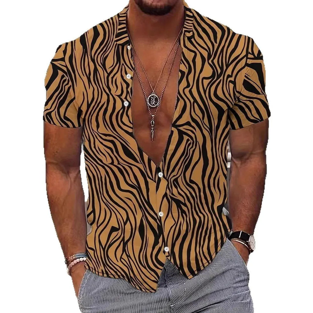 Men's blue geometric print lapel short sleeve shirt in slim fit
