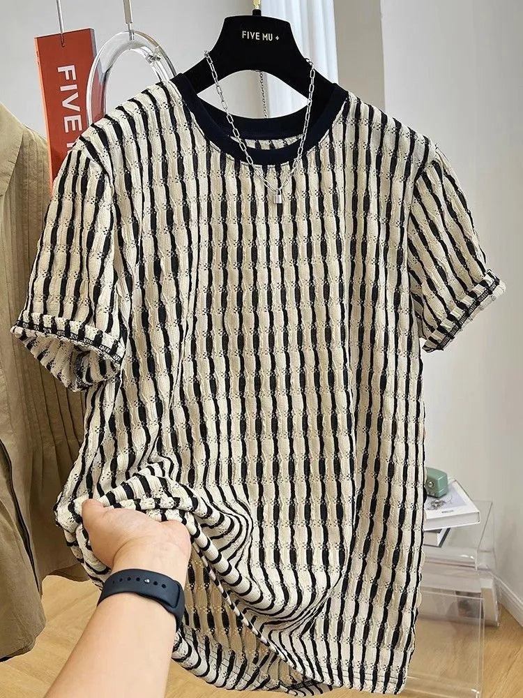 Men's black striped casual shirt with loose fit design and short sleeves in silk-linen blend fabric
