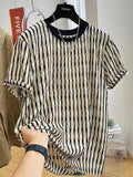 Men's black striped casual shirt with loose fit design and short sleeves in silk-linen blend fabric