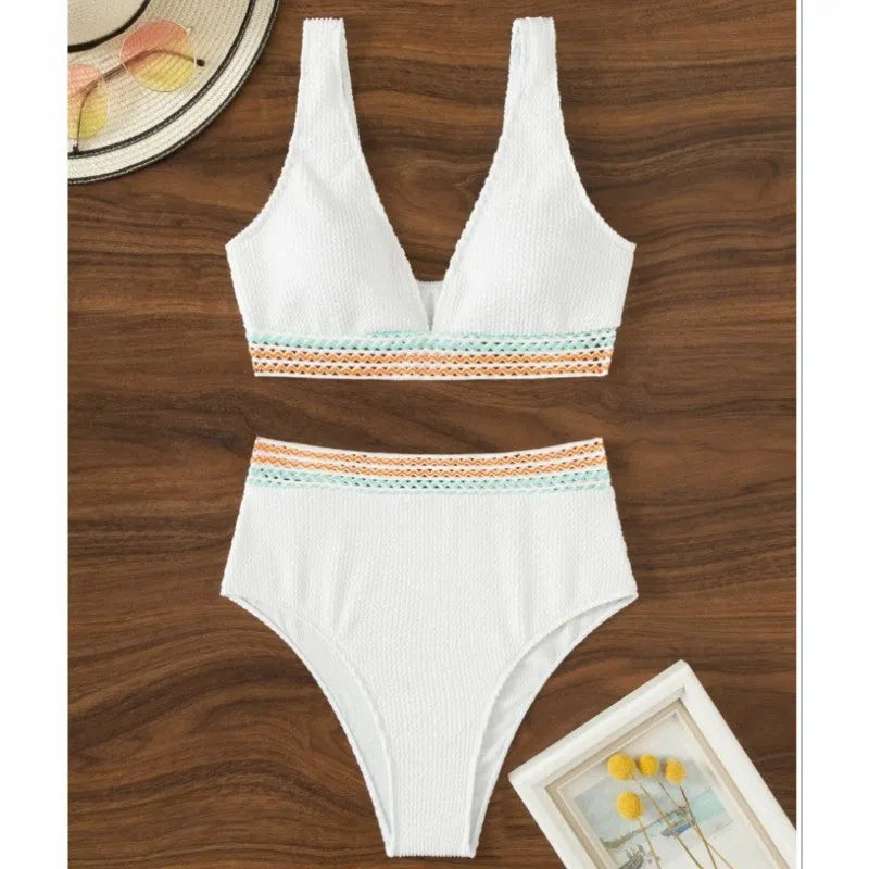 High waist split bikini in solid colour, nylon fabric, white and pink options, sizes S to XL