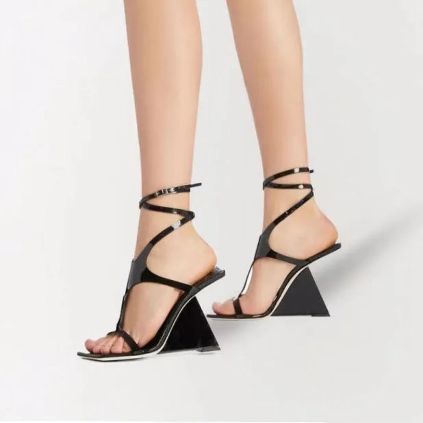 Women's black high heel sandals with 9.5cm block heel and square toe design with adjustable buckle