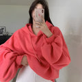 Women's watermelon red mulberry silk hooded pullover sweater with loose fit