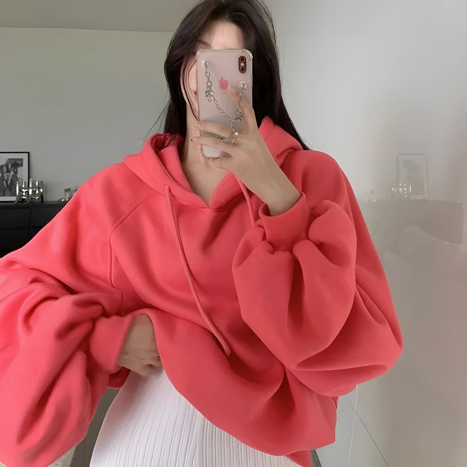 Women's watermelon red mulberry silk hooded pullover sweater with loose fit