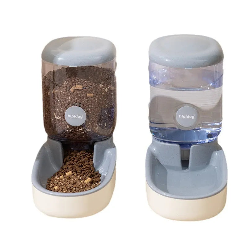 Automatic gravity-fed pet feeder or water fountain with 3.8-litre reservoir in blue, green, grey, or pink colour.
