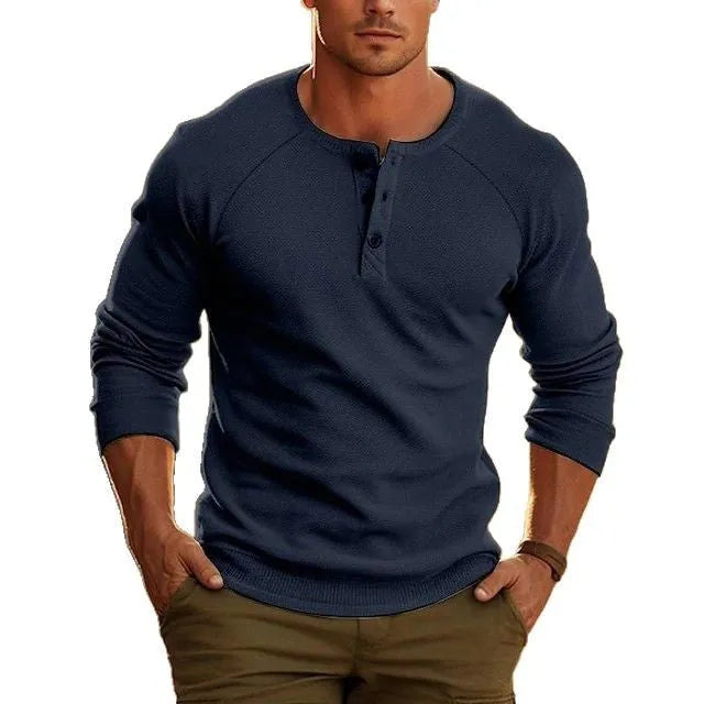 Men's Henry collar long-sleeved cotton blend T-shirt in black, with collage stitching details on front