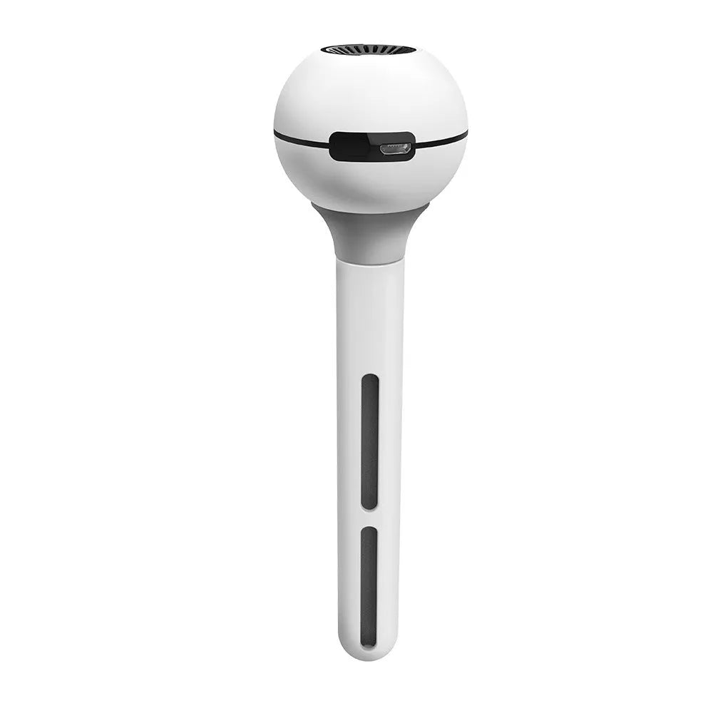 Columnar magic wand humidifier in pink or white with USB port and mechanical controls.