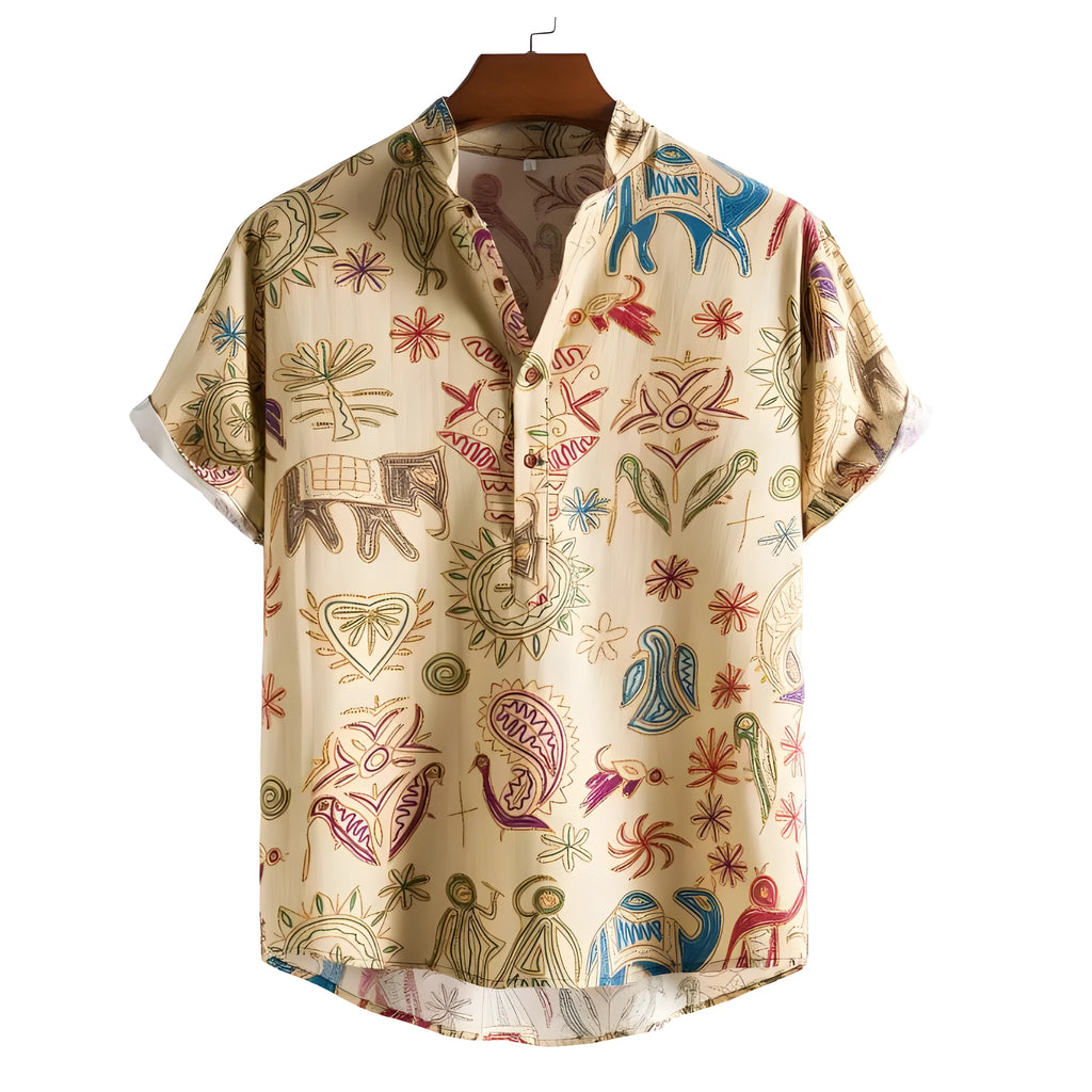Men's loose fit cardigan-style shirt with 3D digital printing, modelled in plus size.