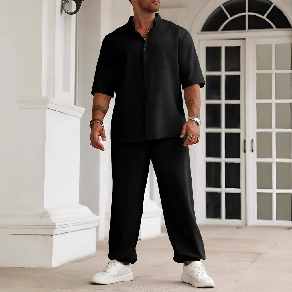 Men's apricot cotton linen casual short sleeve shirt and long trousers set laid flat.