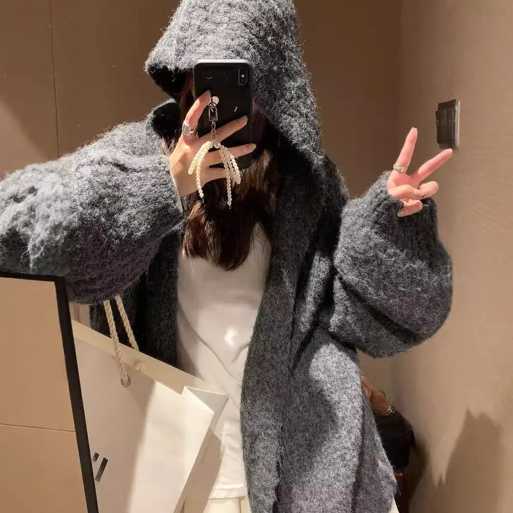 Women's dark grey retro-style hooded cardigan with a loose fit and thick fabric