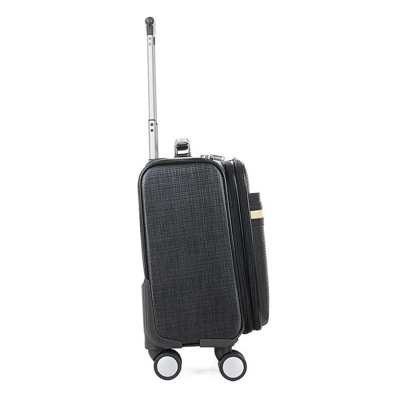 Black and brown 18-inch PU leather business case with airplane-style wheels