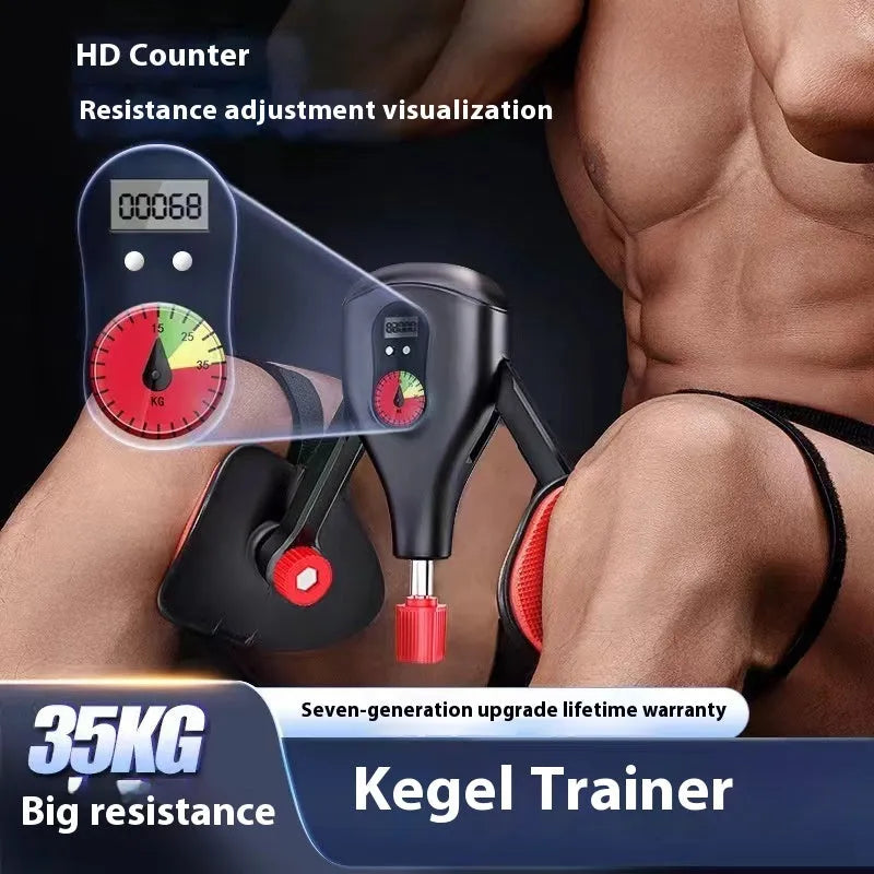 Men's black and grey Kegel trainer for PC muscle exercise with strap and handle options.