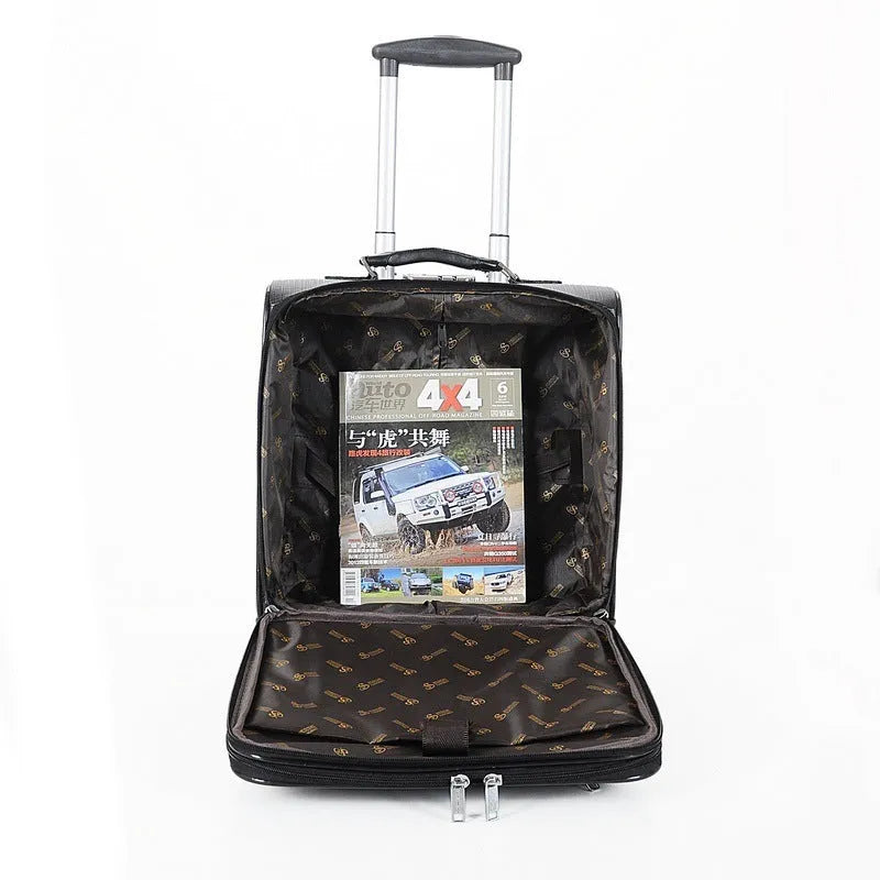 Black and brown 18-inch PU leather business case with airplane-style wheels