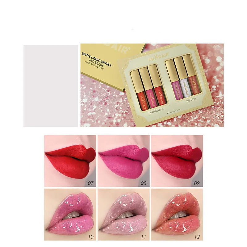 Matte high gloss lip gloss set with mica shimmer in colour options A and B for unisex use