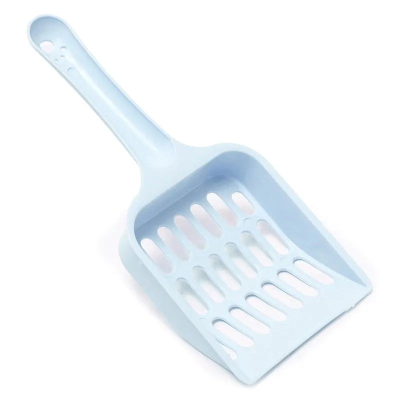 Blue plastic cat litter scoop on a white background showing its 20cm length.