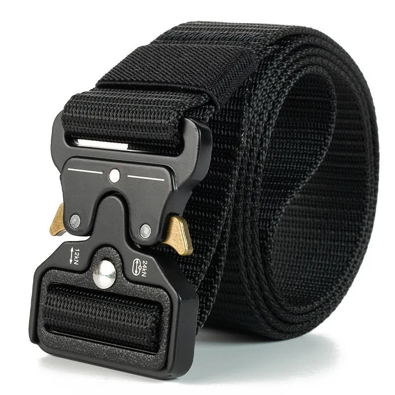 Men's thick canvas tactical belt with alloy release buckle in Army Green colour showing 120cm length