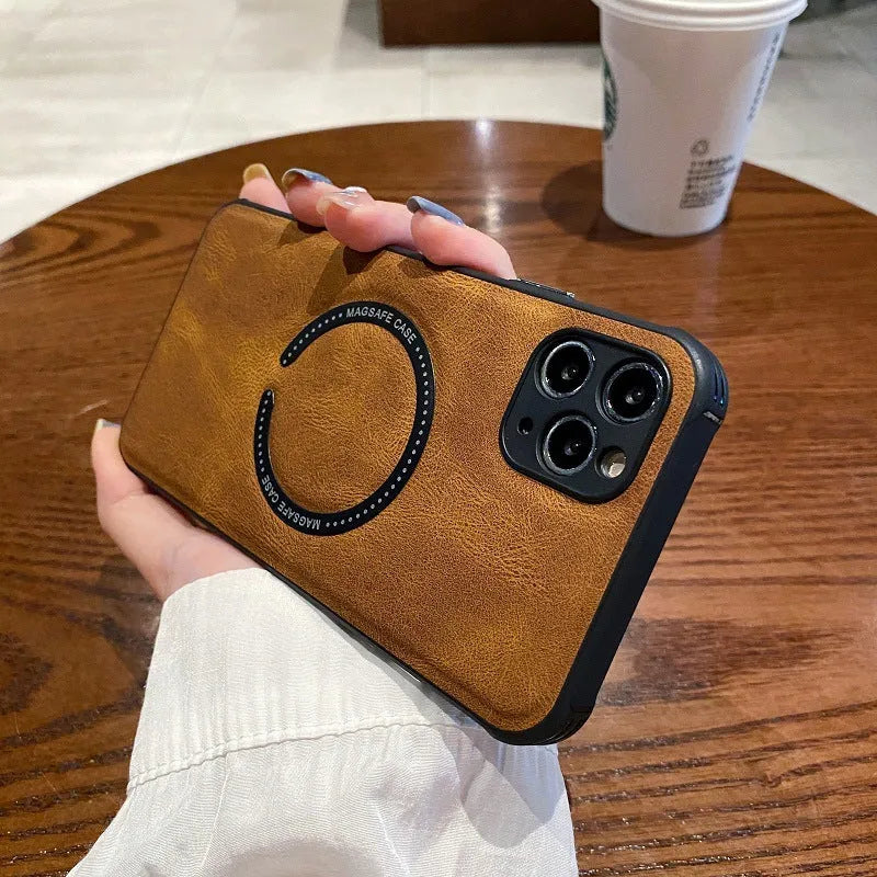 Business magnetic charging phone case imitation leather black fits Apple iPhone models