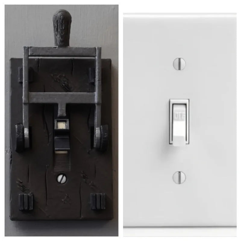 Retro decorative light switch plate with creative design for exposed wall installation.