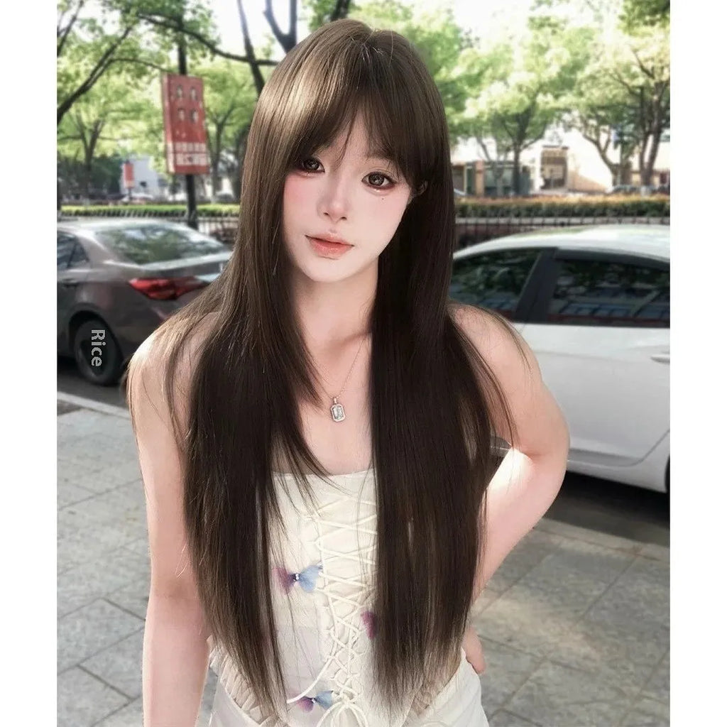 Wig high-level black tea simulation brown black for ladies with wear-free hair net