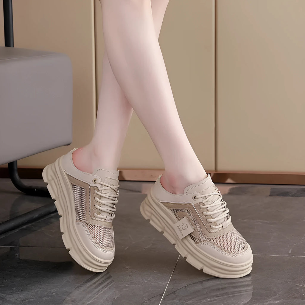 Women's black mesh half slippers with height increasing insole and rubber sole for spring and summer casual wear