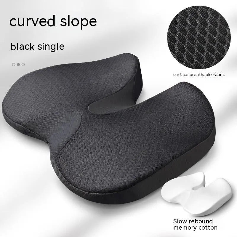 Curved bevel seat cushion with memory foam core for tailbone support during driving