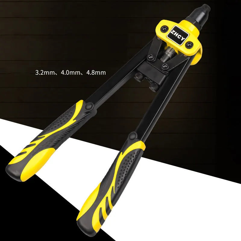 Yellow 13-inch manual rivet gun with three built-in nozzle sizes on a workbench