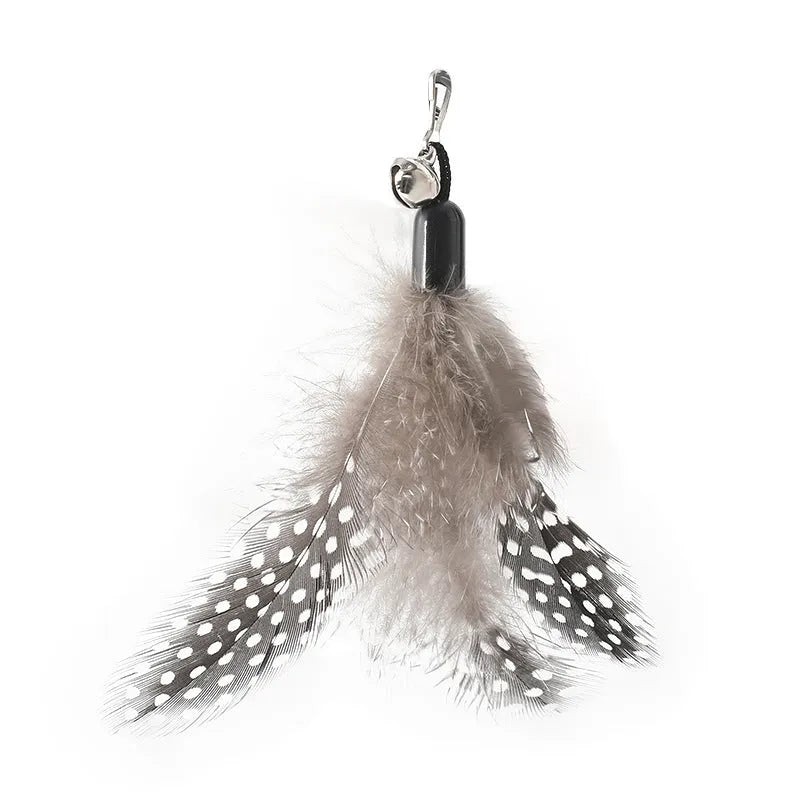 Cat teasing stick with wooden handle, spring, feather head and bell, available in multiple colours