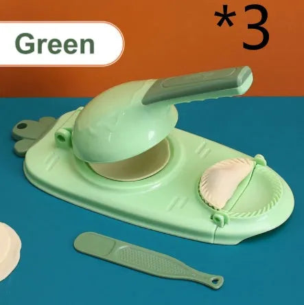 2-in-1 plastic dumpling dough press maker in orange and white, with ergonomic handle and hanging hole for storage