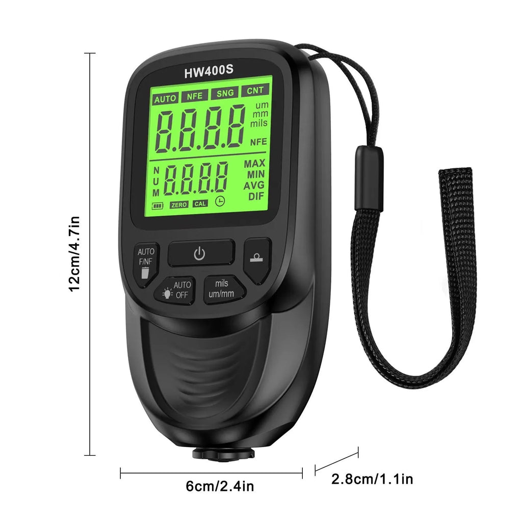 Hw-400s thickness gauge in black, measuring coating on metal surface, ABS body with digital display