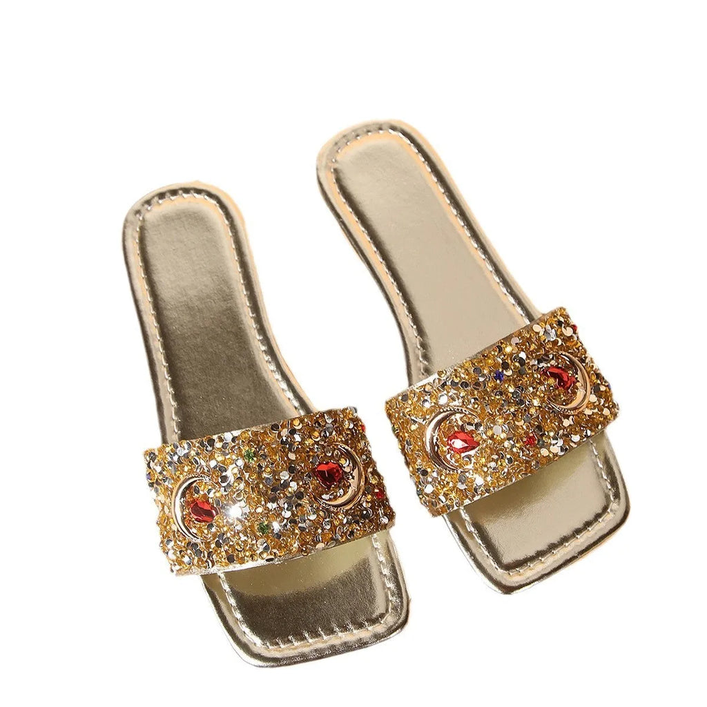 Women's gold flat slippers with rhinestone sequins on PU upper, rubber sole, sizes 36-43