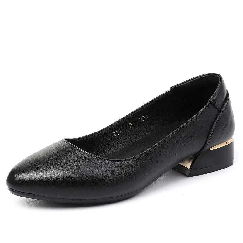 Autumn cowhide flat pointed low-cut shoes for women in beige with low heel and buckle closure