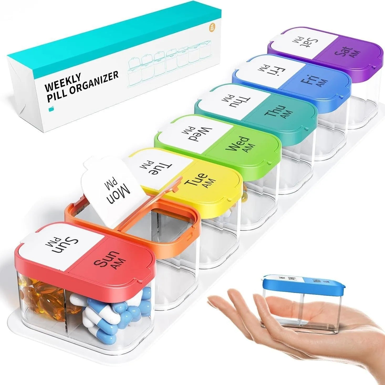 White and rainbow coloured plastic pill organiser with 14 removable compartments, shown with lid open.