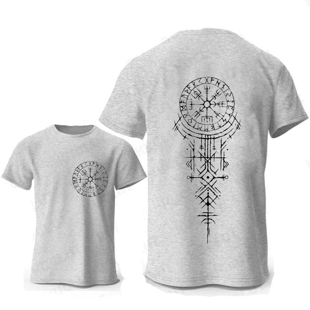Men's grey T-shirt with a printed Viking rune compass graphic on the front.